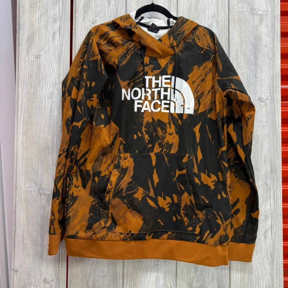 The North Face Mens Orange Black Abstract Graphic Logo Pullover Hoodie Large